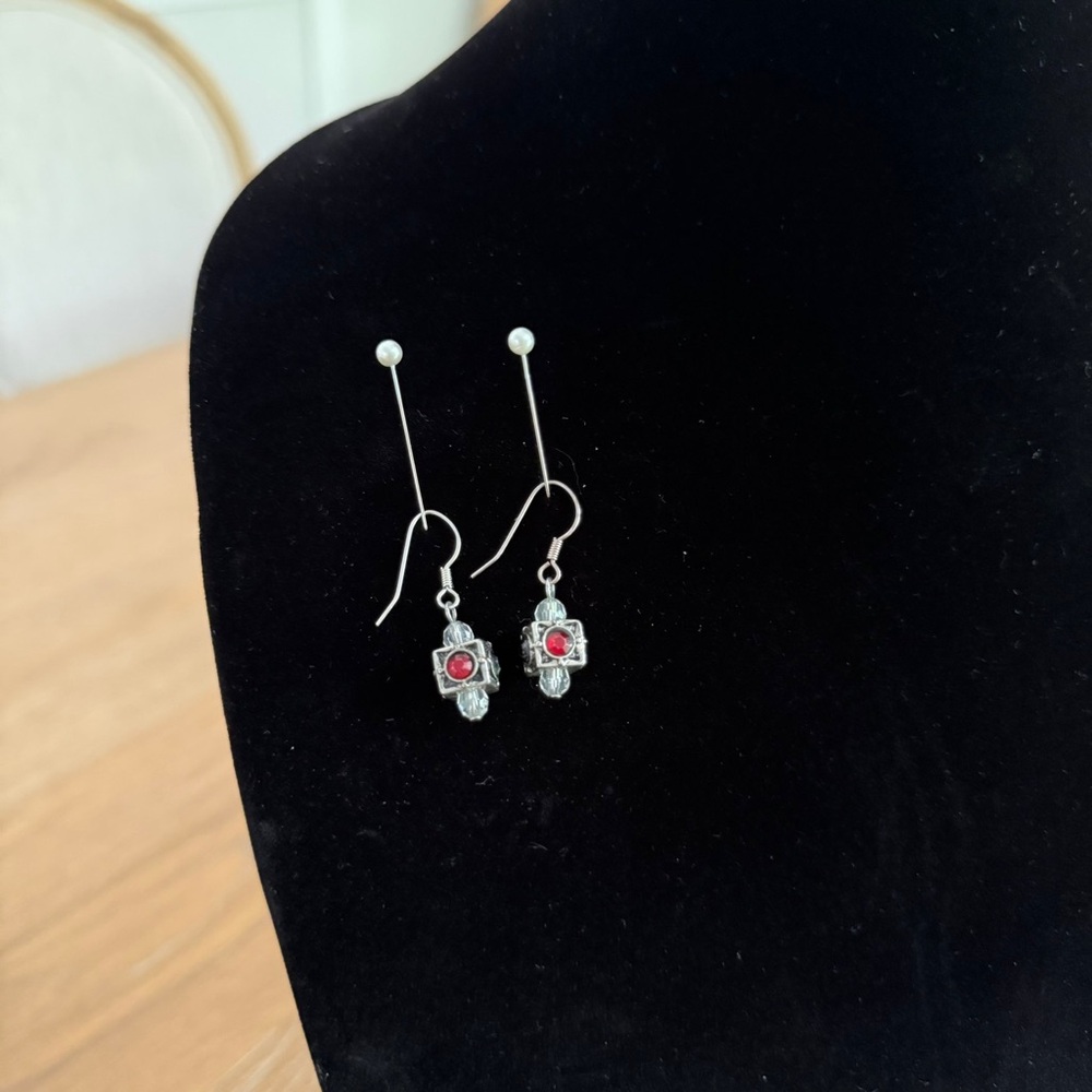 Silver and Red Drop Earrings